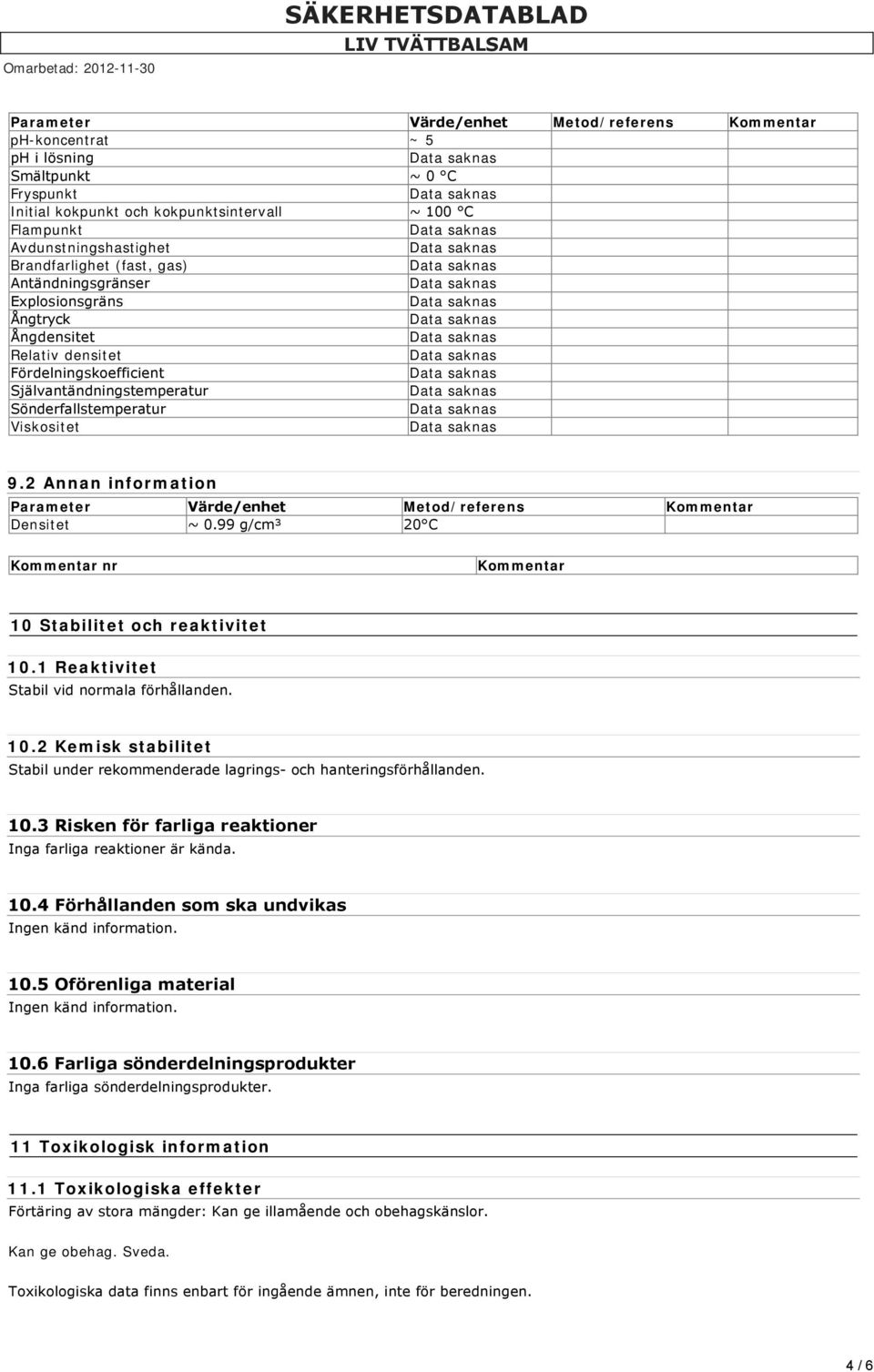 2 Annan information Parameter Värde/enhet Metod/referens Kommentar Densitet ~ 0.99 g/cm³ 20 C Kommentar nr Kommentar 10 