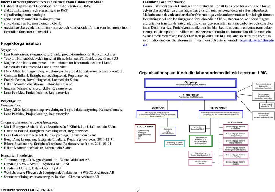 Projektorganisation Styrgrupp Lars Kristensson, styrgruppsordförande, produktionsdirektör, Koncernledning Torbjörn Harlenbäck avdelningschef för avdelningen för fysisk utveckling, SUS Magnus