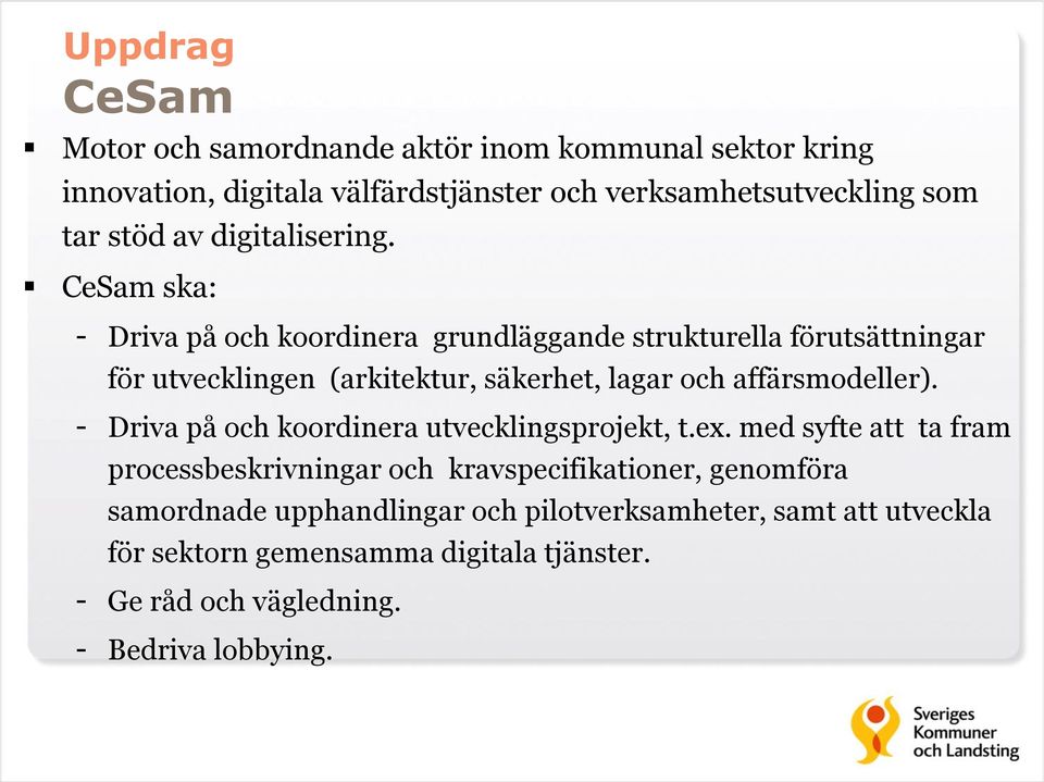 CeSam ska: - Driva på och koordinera grundläggande strukturella förutsättningar för utvecklingen (arkitektur, säkerhet, lagar och affärsmodeller).