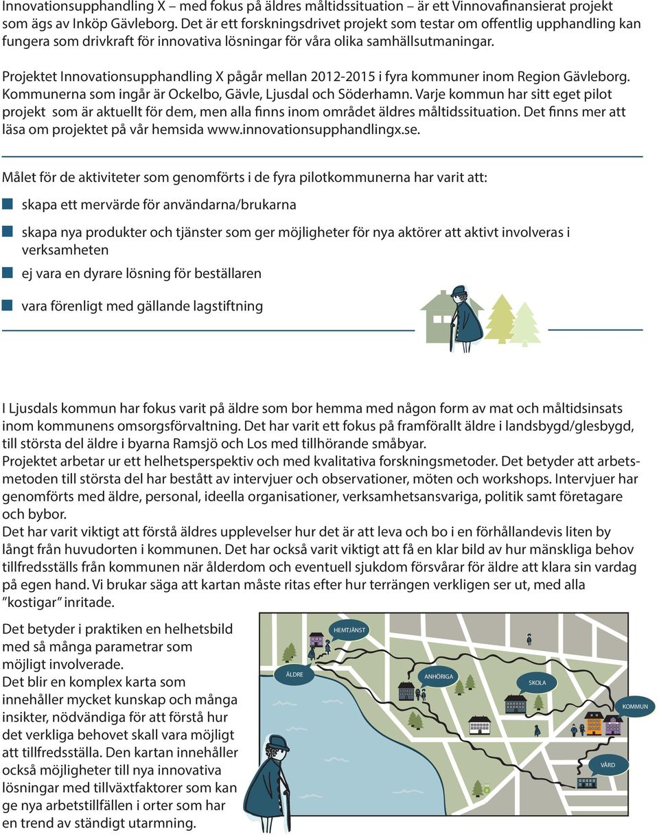Projektet Innovationsupphandling X pågår mellan 2012-2015 i fyra kommuner inom Region Gävleborg. Kommunerna som ingår är Ockelbo, Gävle, Ljusdal och Söderhamn.