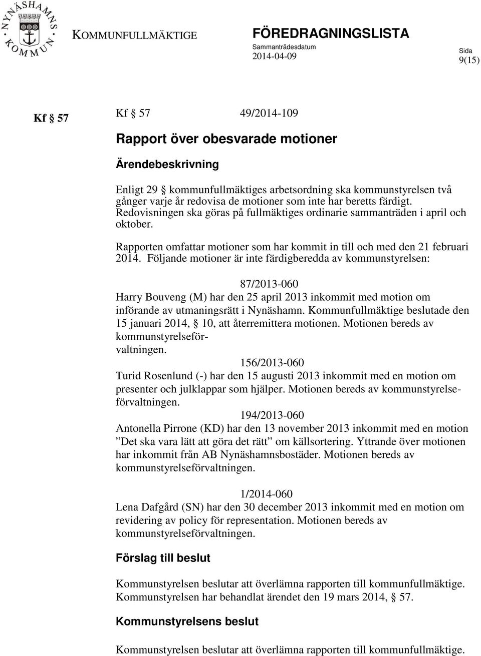 Följande motioner är inte färdigberedda av kommunstyrelsen: 87/2013-060 Harry Bouveng (M) har den 25 april 2013 inkommit med motion om införande av utmaningsrätt i Nynäshamn.