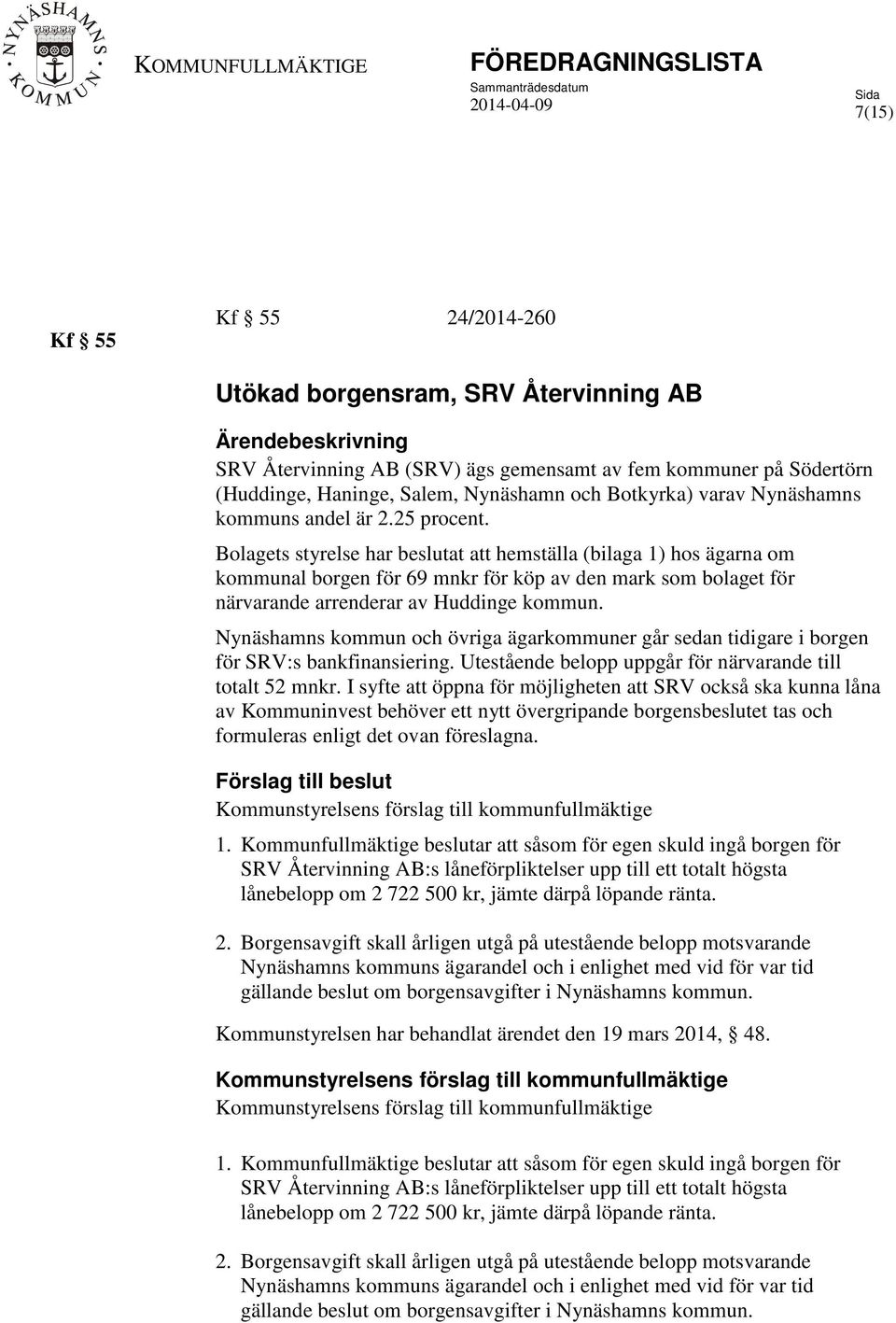 Bolagets styrelse har beslutat att hemställa (bilaga 1) hos ägarna om kommunal borgen för 69 mnkr för köp av den mark som bolaget för närvarande arrenderar av Huddinge kommun.