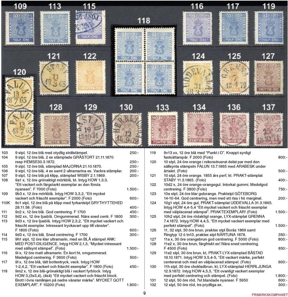 Intyg HOW 1,3,3, Ett vackert och färgstarkt exemplar av den första nyansen. F 7000 (Foto) 1.500:- 109 9b3 x, 12 öre mörkblå. Intyg HOW 3,3,2, Ett mycket vackert och fräscht exemplar.