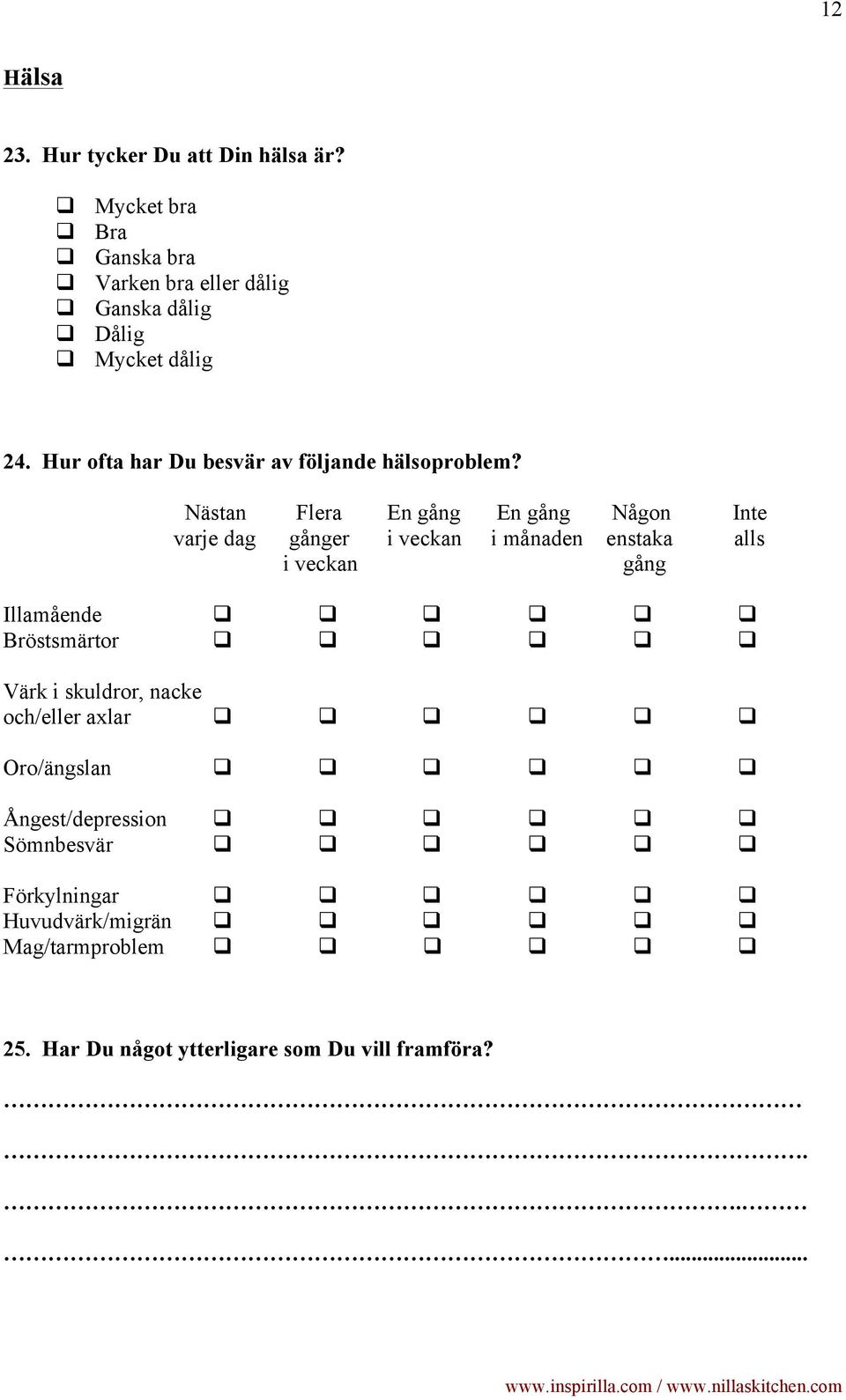 Nästan Flera En gång En gång Någon Inte varje dag gånger i veckan i månaden enstaka alls i veckan gång Illamående q q q q q q Bröstsmärtor q q q q q q