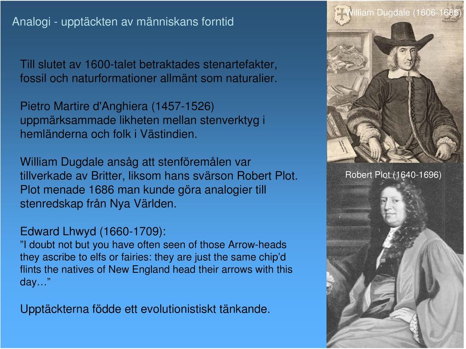 William Dugdale ansåg att stenföremålen var tillverkade av Britter, liksom hans svärson Robert Plot. Plot menade 1686 man kunde göra analogier till stenredskap från Nya Världen.