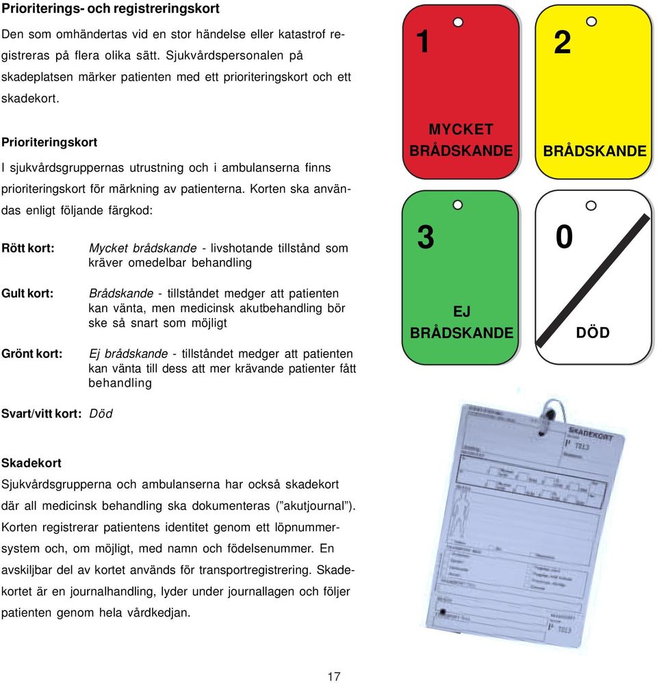 1 2 Prioriteringskort I sjukvårdsgruppernas utrustning och i ambulanserna finns prioriteringskort för märkning av patienterna.