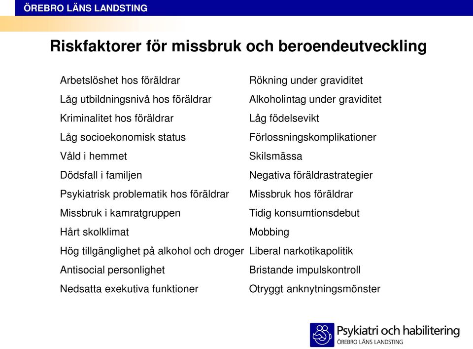 Negativa föräldrastrategier Psykiatrisk problematik hos föräldrar Missbruk hos föräldrar Missbruk i kamratgruppen Tidig konsumtionsdebut Hårt skolklimat