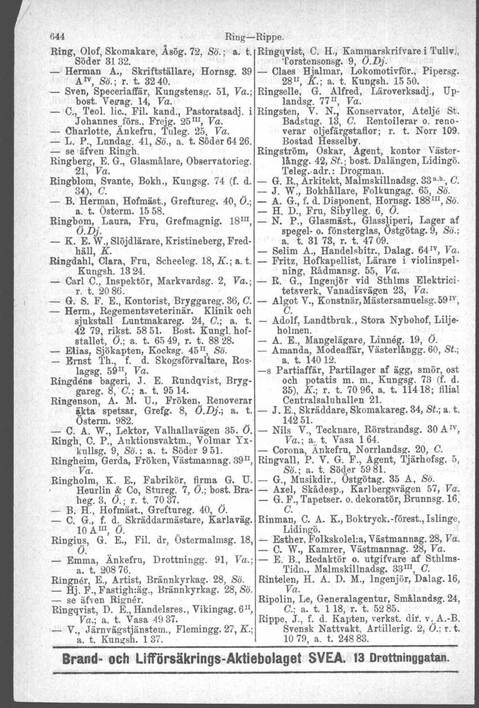 14, Va." landsg. 77 u, Va. - C., Teol. lic.. Fil. kand., Pastoratsadj. i Ringsten, V. N., Konservator, Atelje' St. Johannes..förs.. Frejg. 25 III, Va. Badstug, 13, C. Rentoilerar o.