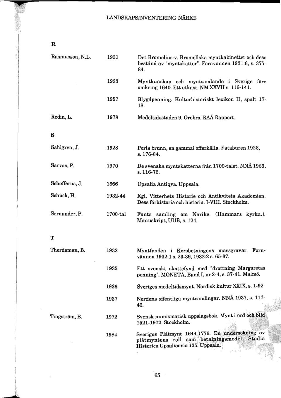 Fataburen 1928, s.176-84. Sarvas, P. 1970 De svenska myntskatterna från 1700-talet. NNÅ 1969, s.116-72. Schefferus, J. 1666 Upsalia Antiqva. Uppsala. Schiick, H. 1932-44 Kg!