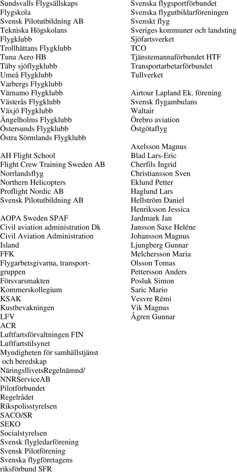 Nordic AB Svensk Pilotutbildning AB AOPA Sweden SPAF Civil aviation administration Dk Civil Aviation Administration Island FFK Flygarbetsgivarna, transportgruppen Försvarsmakten Kommerskollegium KSAK