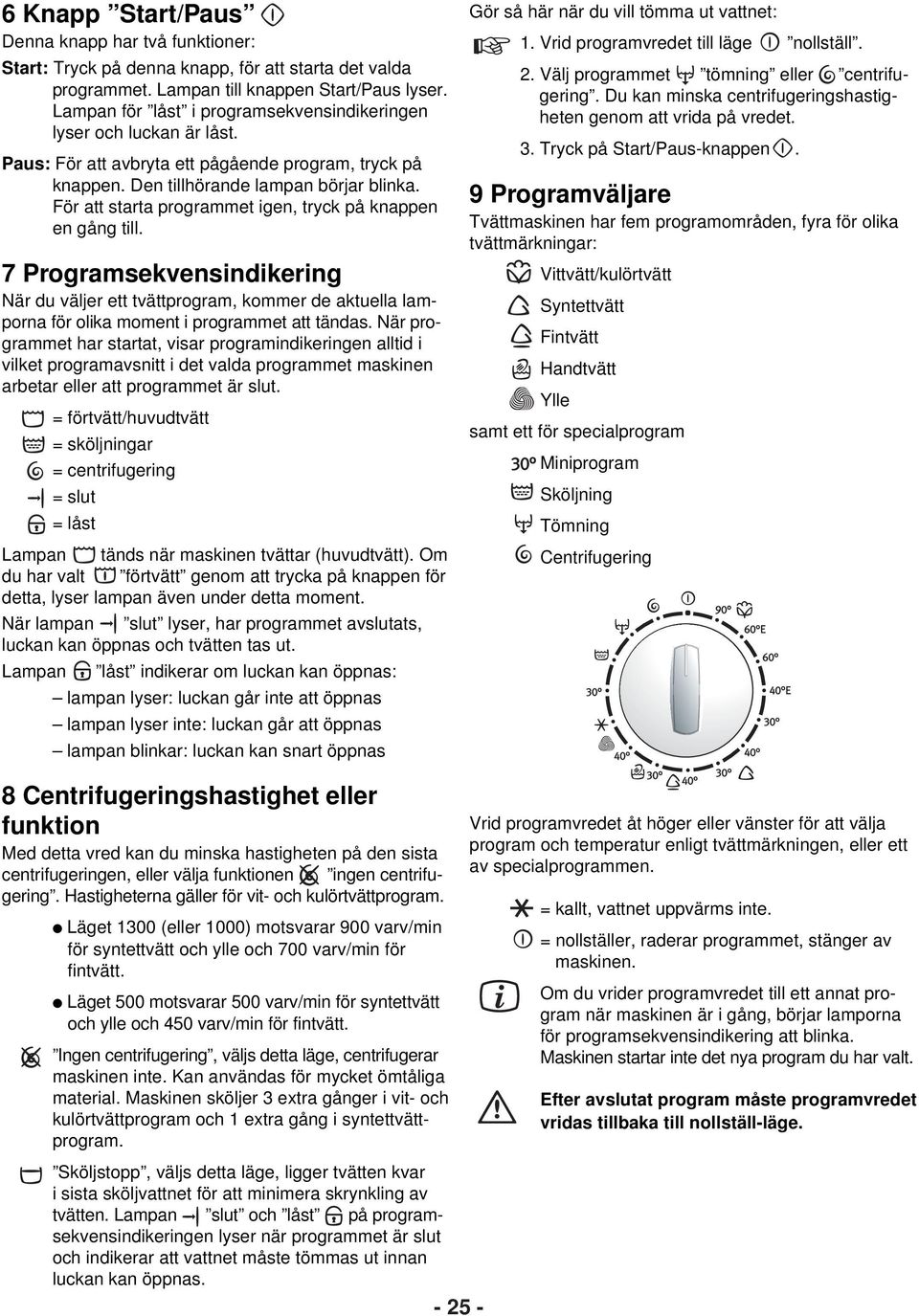 För att starta programmet igen, tryck på knappen en gång till. 7 Programsekvensindikering När du väljer ett tvättprogram, kommer de aktuella lamporna för olika moment i programmet att tändas.
