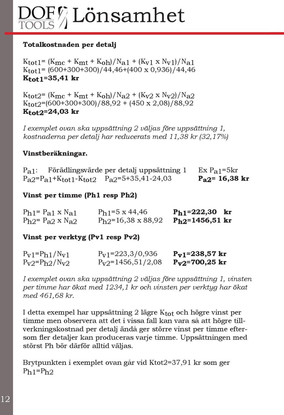 Pa1: Förädlingsvärde per detalj uppsättning 1 Ex Pa1=5kr Pa2=Pa1+Ktot1-Ktot2 Pa2=5+35,41-24,03 Pa2= 16,38 kr Vinst per timme (Ph1 resp Ph2) Ph1= Pa1 x Na1 Ph1=5 x 44,46 Ph1=222,30 kr Ph2= Pa2 x Na2