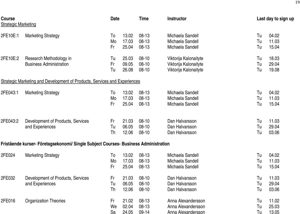 08 Strategic Marketing and Development of Products, Services and Experiences 2FE043:1 Marketing Strategy To 13.02 08-13 Michaela Sandell Tu 04.02 Mo 17.03 08-13 Michaela Sandell Tu 11.03 Fr 25.