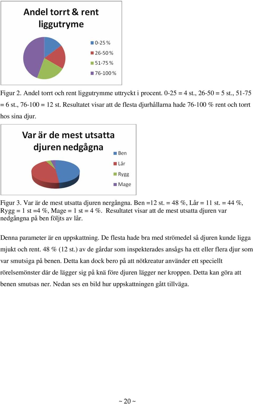 = 44 %, Rygg = 1 st =4 %, Mage = 1 st = 4 %. Resultatet visar att de mest utsatta djuren var nedgångna på ben följts av lår. Denna parameter är en uppskattning.