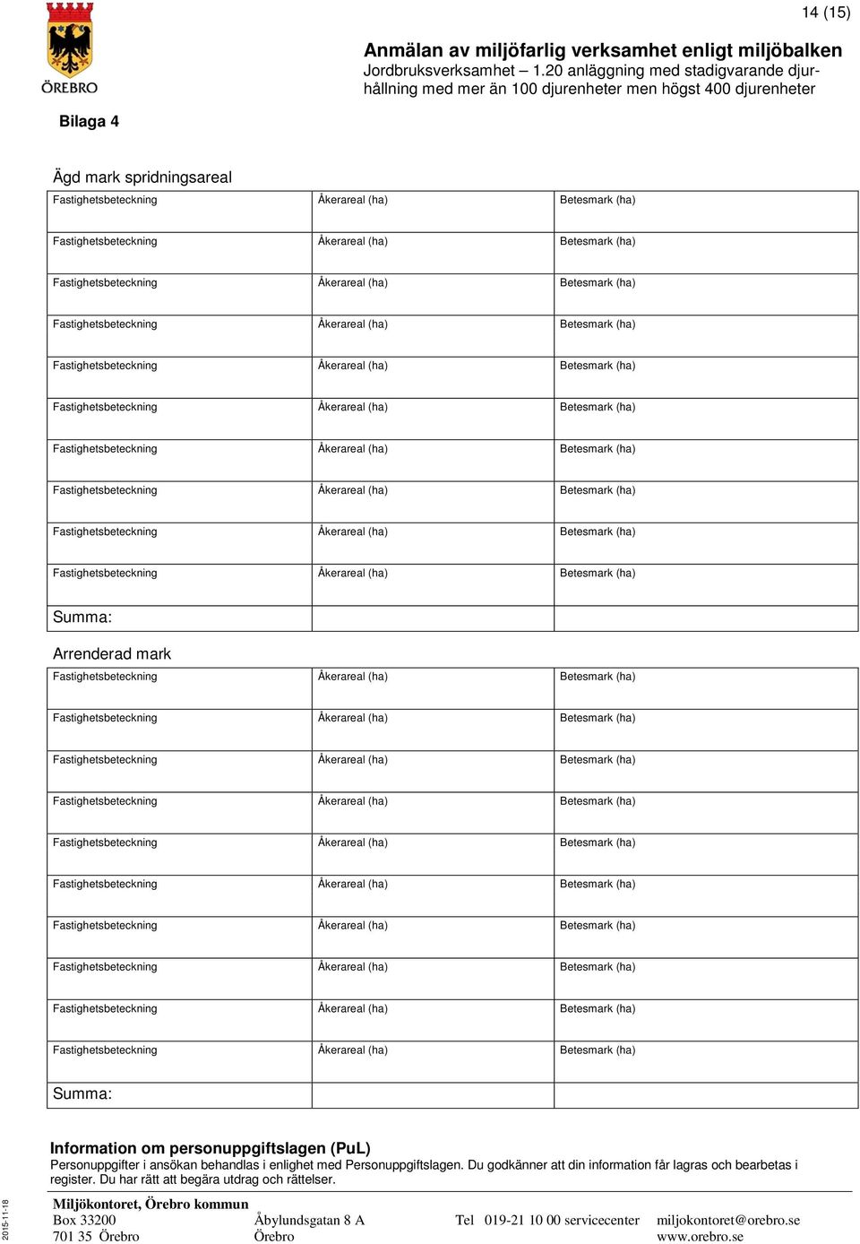 Arrenderad mark Summa: 2015-11-18 Information om personuppgiftslagen (PuL) Personuppgifter i ansökan behandlas i enlighet med