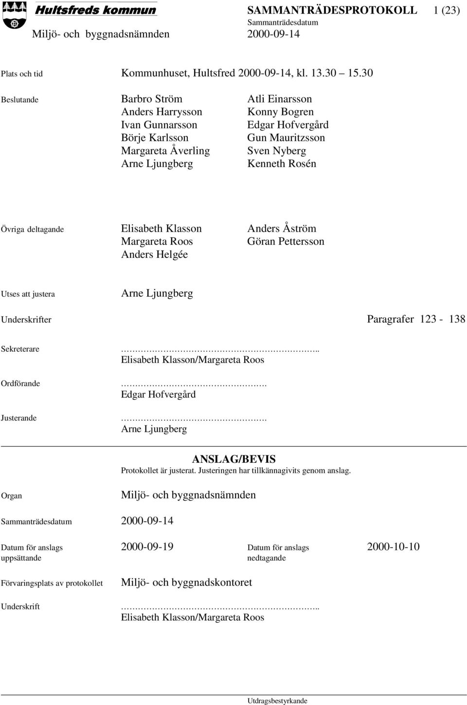 deltagande Elisabeth Klasson Anders Åström Margareta Roos Göran Pettersson Anders Helgée Utses att justera Arne Ljungberg Underskrifter Paragrafer 123-138 Sekreterare Ordförande Justerande.