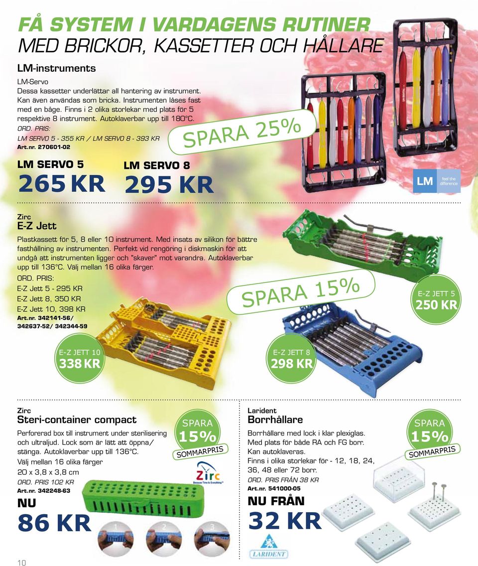 270601-02 LM servo 5 265 KR LM servo 8 295 KR spara Zirc E-Z Jett Plastkassett för 5, 8 eller 10 instrument. Med insats av silikon för bättre fasthållning av instrumenten.