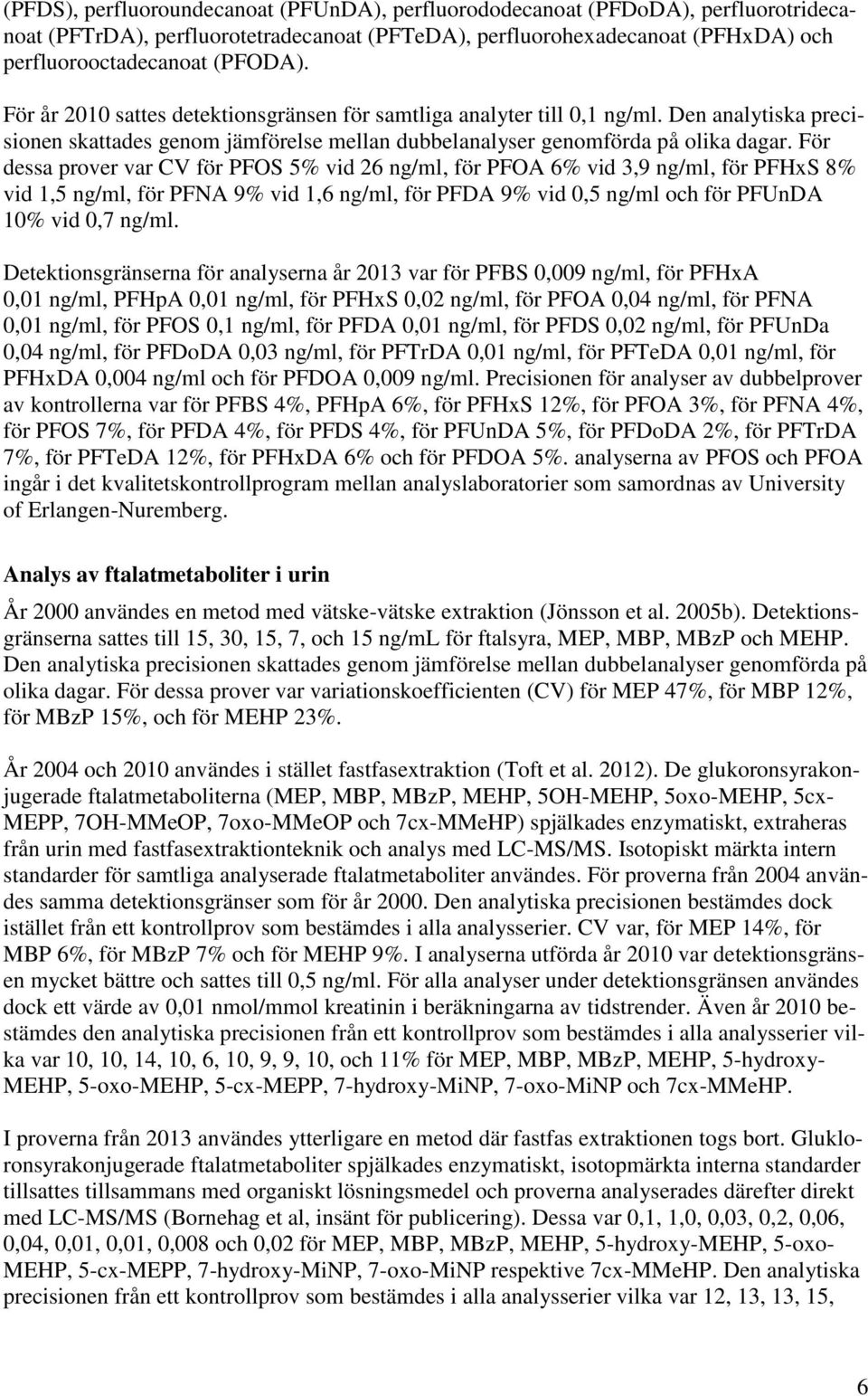 För dessa prover var CV för PFOS 5% vid 26 ng/ml, för PFOA 6% vid 3,9 ng/ml, för PFHxS 8% vid 1,5 ng/ml, för PFNA 9% vid 1,6 ng/ml, för PFDA 9% vid 0,5 ng/ml och för PFUnDA 10% vid 0,7 ng/ml.