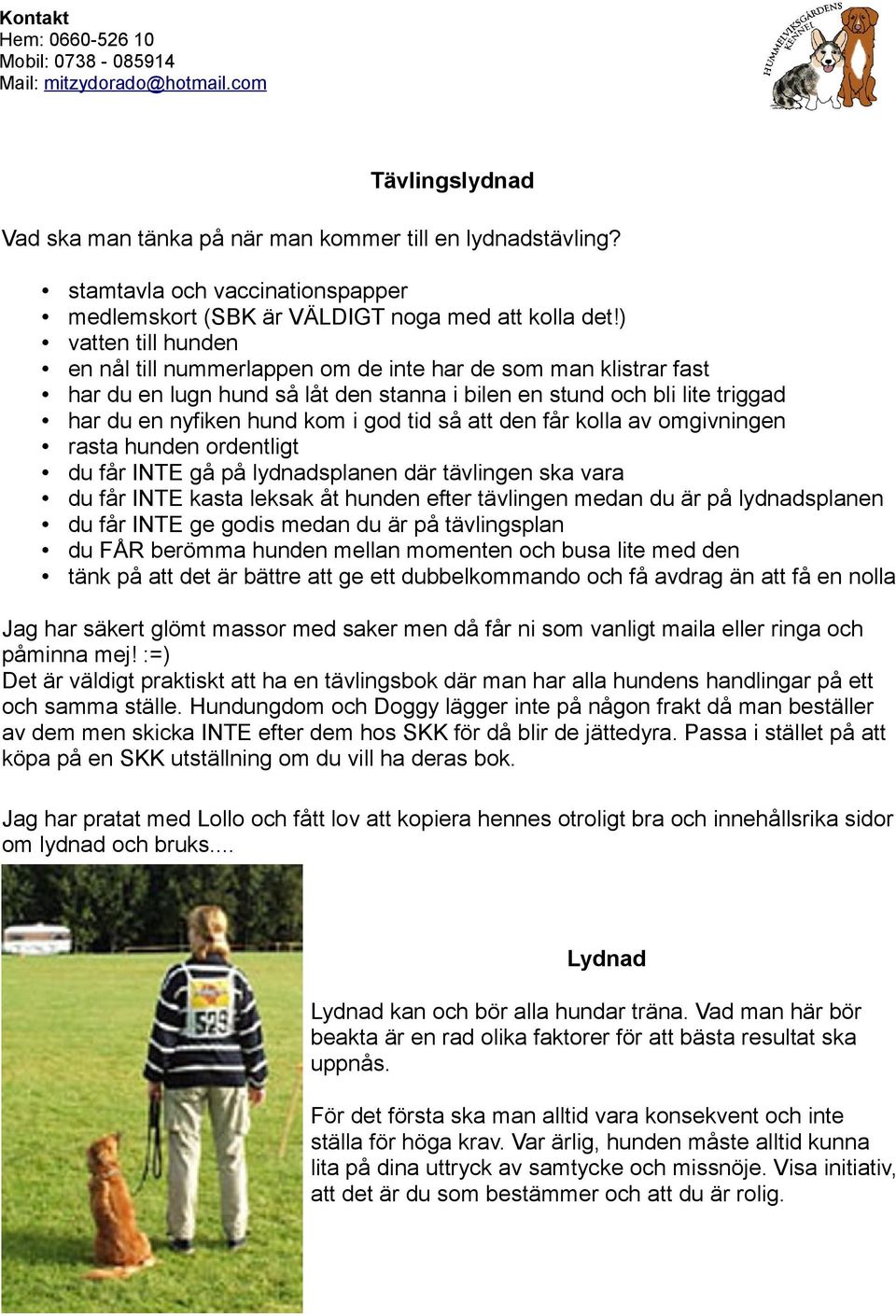så att den får kolla av omgivningen rasta hunden ordentligt du får INTE gå på lydnadsplanen där tävlingen ska vara du får INTE kasta leksak åt hunden efter tävlingen medan du är på lydnadsplanen du