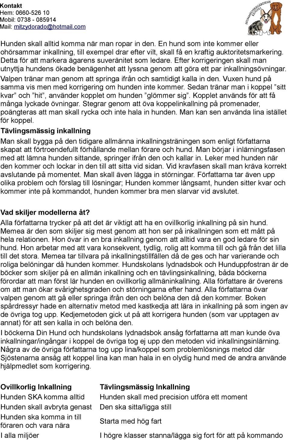 Valpen tränar man genom att springa ifrån och samtidigt kalla in den. Vuxen hund på samma vis men med korrigering om hunden inte kommer.