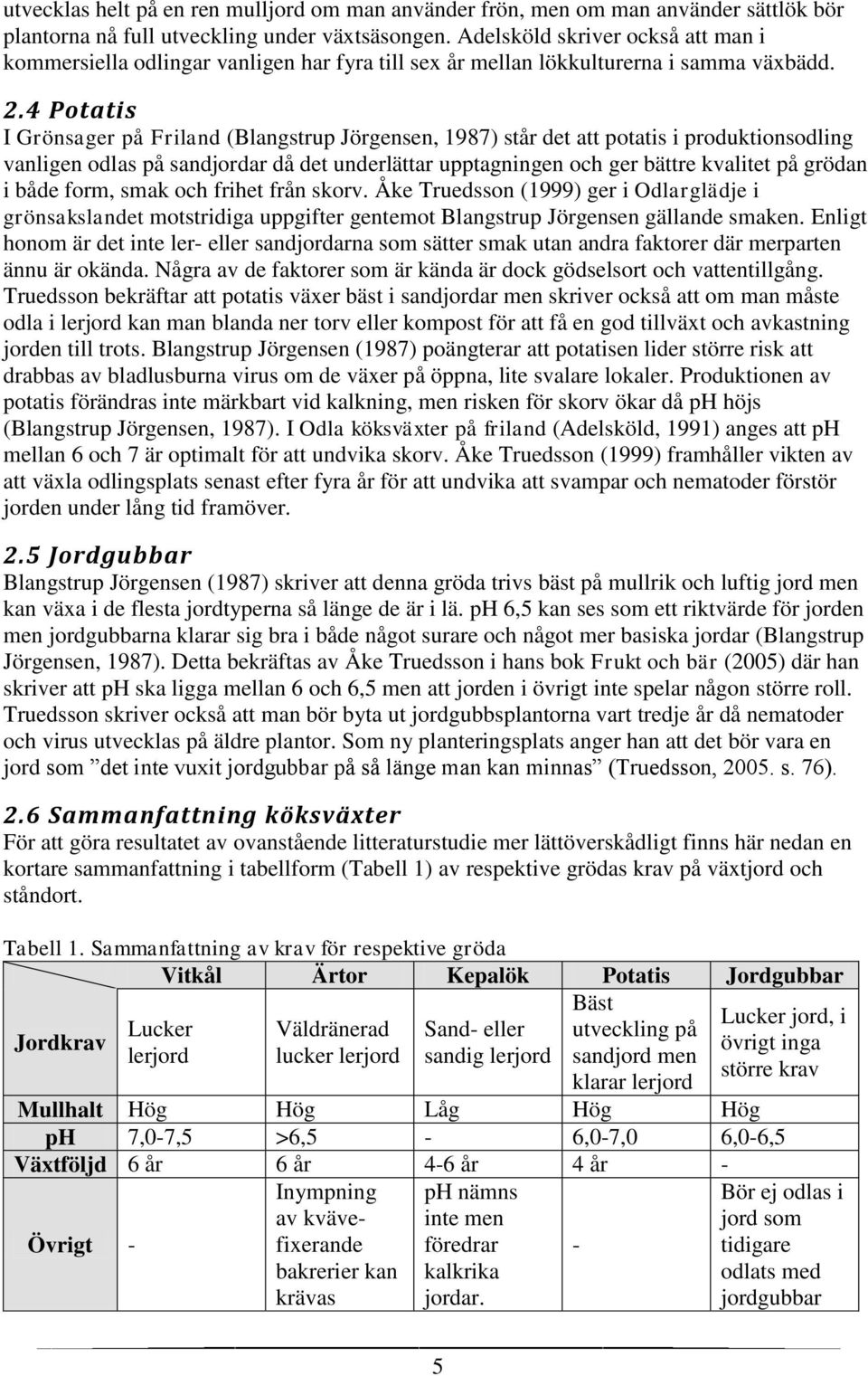 4 Potatis I Grönsager på Friland (Blangstrup Jörgensen, 1987) står det att potatis i produktionsodling vanligen odlas på sandjordar då det underlättar upptagningen och ger bättre kvalitet på grödan i