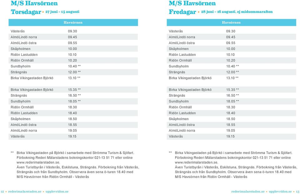 55 Skåpholmen 10.00 Ridön Lastudden 10.10 Ridön Ormhäll 10.20 Sundbyholm 10.40 ** Strängnäs 12.00 ** Birka Vikingastaden Björkö 13.10 ** Birka Vikingastaden Björkö 15.35 ** Strängnäs 16.