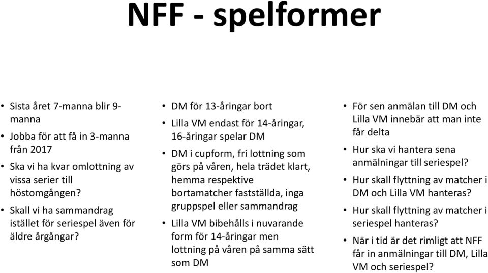 DM för 13-åringar bort Lilla VM endast för 14-åringar, 16-åringar spelar DM DM i cupform, fri lottning som görs på våren, hela trädet klart, hemma respektive bortamatcher fastställda, inga gruppspel