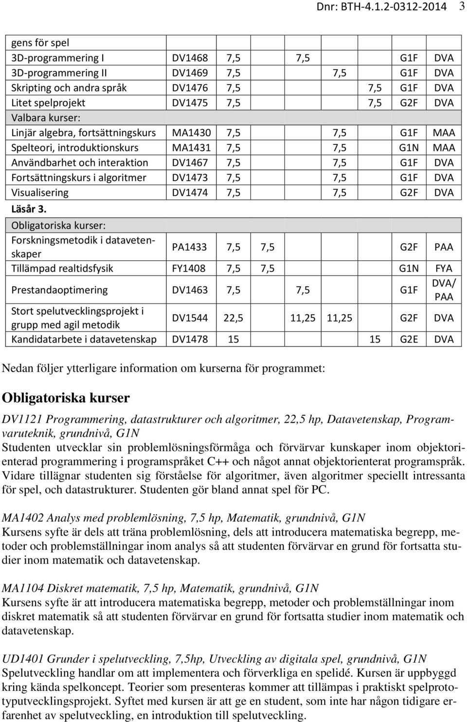 DVA Valbara kurser: Linjär algebra, fortsättningskurs MA1430 7,5 7,5 G1F MAA Spelteori, introduktionskurs MA1431 7,5 7,5 G1N MAA Användbarhet och interaktion DV1467 7,5 7,5 G1F DVA Fortsättningskurs