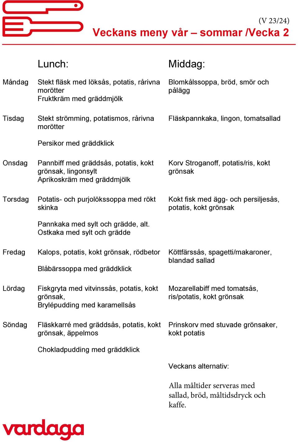 fisk med ägg- och persiljesås, Kalops,, rödbetor Blåbärssoppa med gräddklick Köttfärssås, spagetti/makaroner, blandad Fiskgryta med vitvinssås,, kokt, Brylépudding med karamellsås