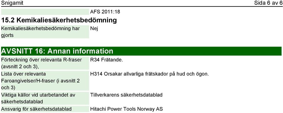 över relevanta R-fraser (avsnitt 2 och 3), Lista över relevanta Faroangivelser/H-fraser (i avsnitt 2 och 3) Viktiga