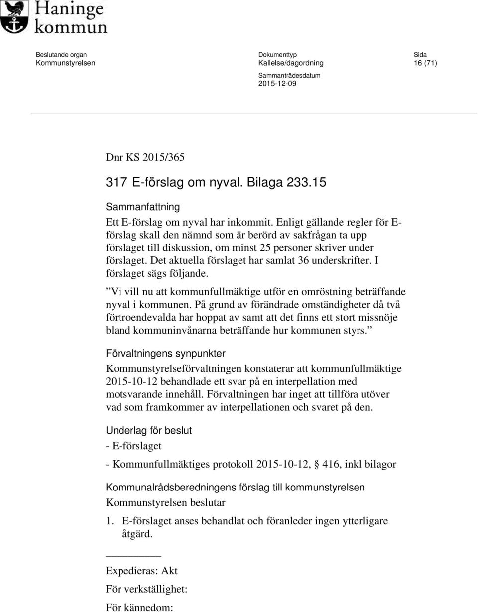 Enligt gällande regler för E- förslag skall den nämnd som är berörd av sakfrågan ta upp förslaget till diskussion, om minst 25 personer skriver under förslaget.