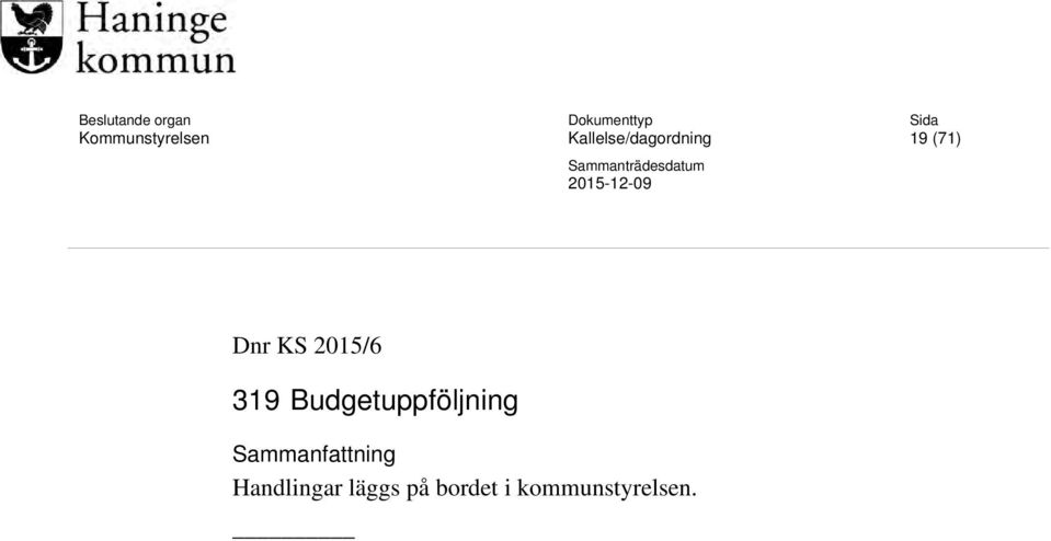 2015-12-09 Dnr KS 2015/6 319 Budgetuppföljning