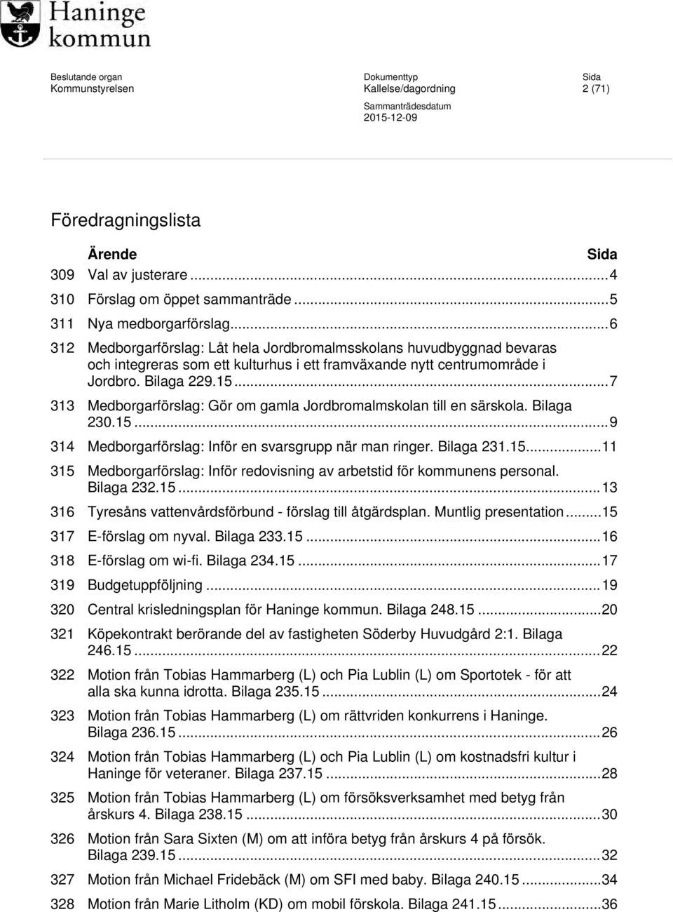 ..7 313 Medborgarförslag: Gör om gamla Jordbromalmskolan till en särskola. Bilaga 230.15...9 314 Medborgarförslag: Inför en svarsgrupp när man ringer. Bilaga 231.15...11 315 Medborgarförslag: Inför redovisning av arbetstid för kommunens personal.