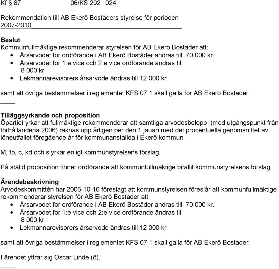 Lekmannarevisorers årsarvode ändras till 12 000 kr samt att övriga bestämmelser i reglementet KFS 07:1 skall gälla för AB Ekerö Bostäder.