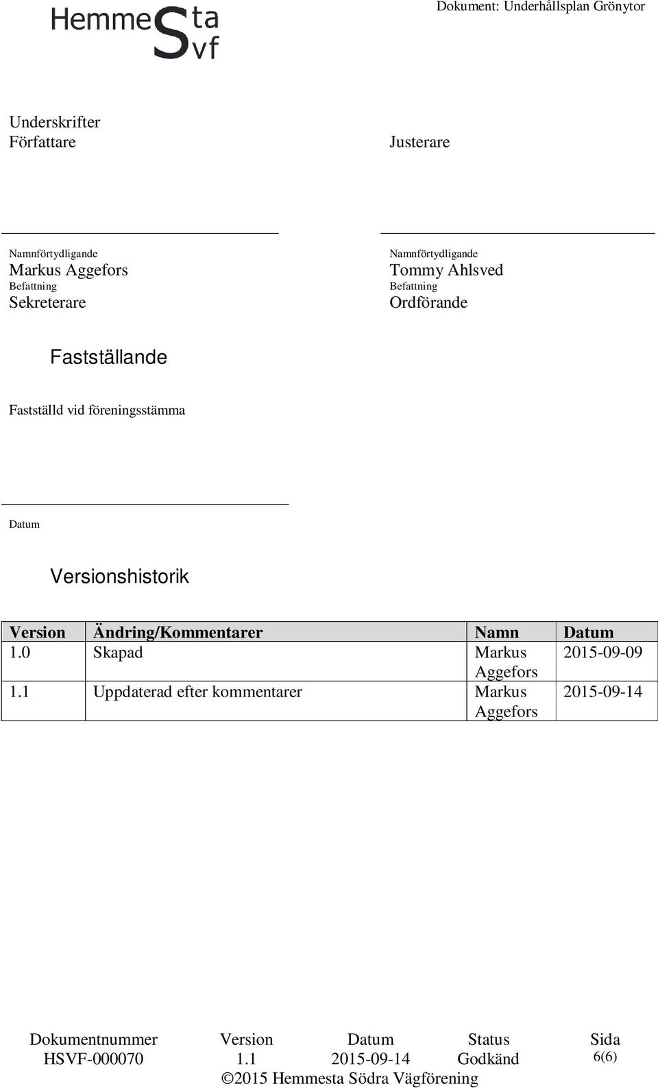 föreningsstämma Datum Versionshistorik Version Ändring/Kommentarer Namn Datum 1.