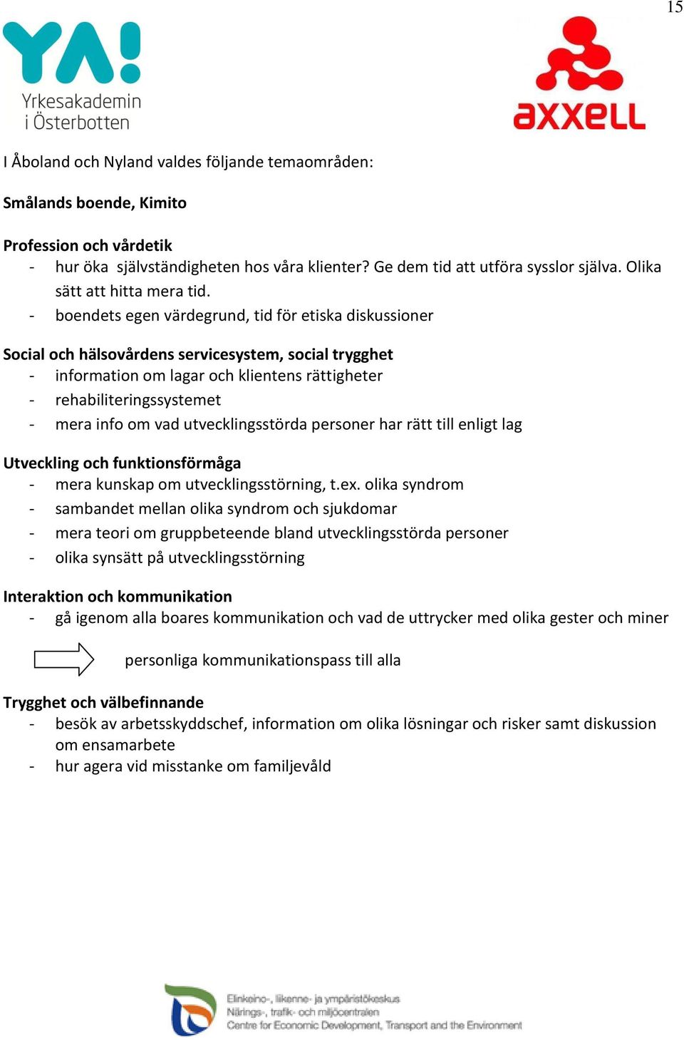 - boendets egen värdegrund, tid för etiska diskussioner Social och hälsovårdens servicesystem, social trygghet - information om lagar och klientens rättigheter - rehabiliteringssystemet - mera info