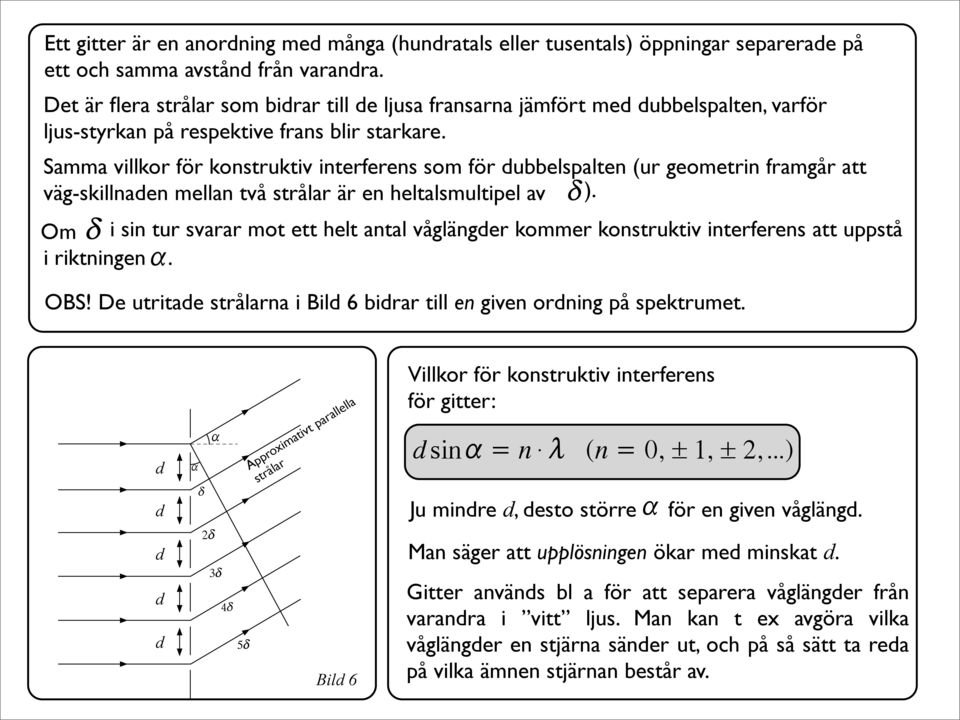 Samma villkor för konstruktiv interferens som för ubbelspalten (ur geometrin framgår att väg-skillnaen mellan två strålar är en heltalsmultipel av ).