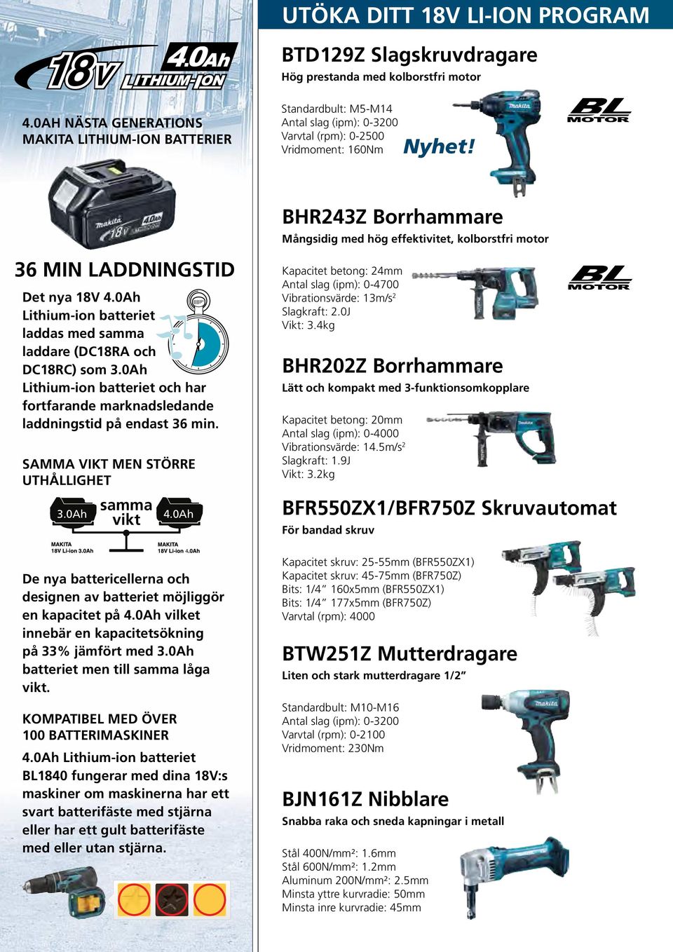 BHR243Z Borrhammare Mångsidig med hög effektivitet, kolborstfri motor 36 MIN LADDNINGSTID Det nya 18V 4.0Ah Lithium-ion batteriet laddas med samma laddare (DC18RA och DC18RC) som 3.