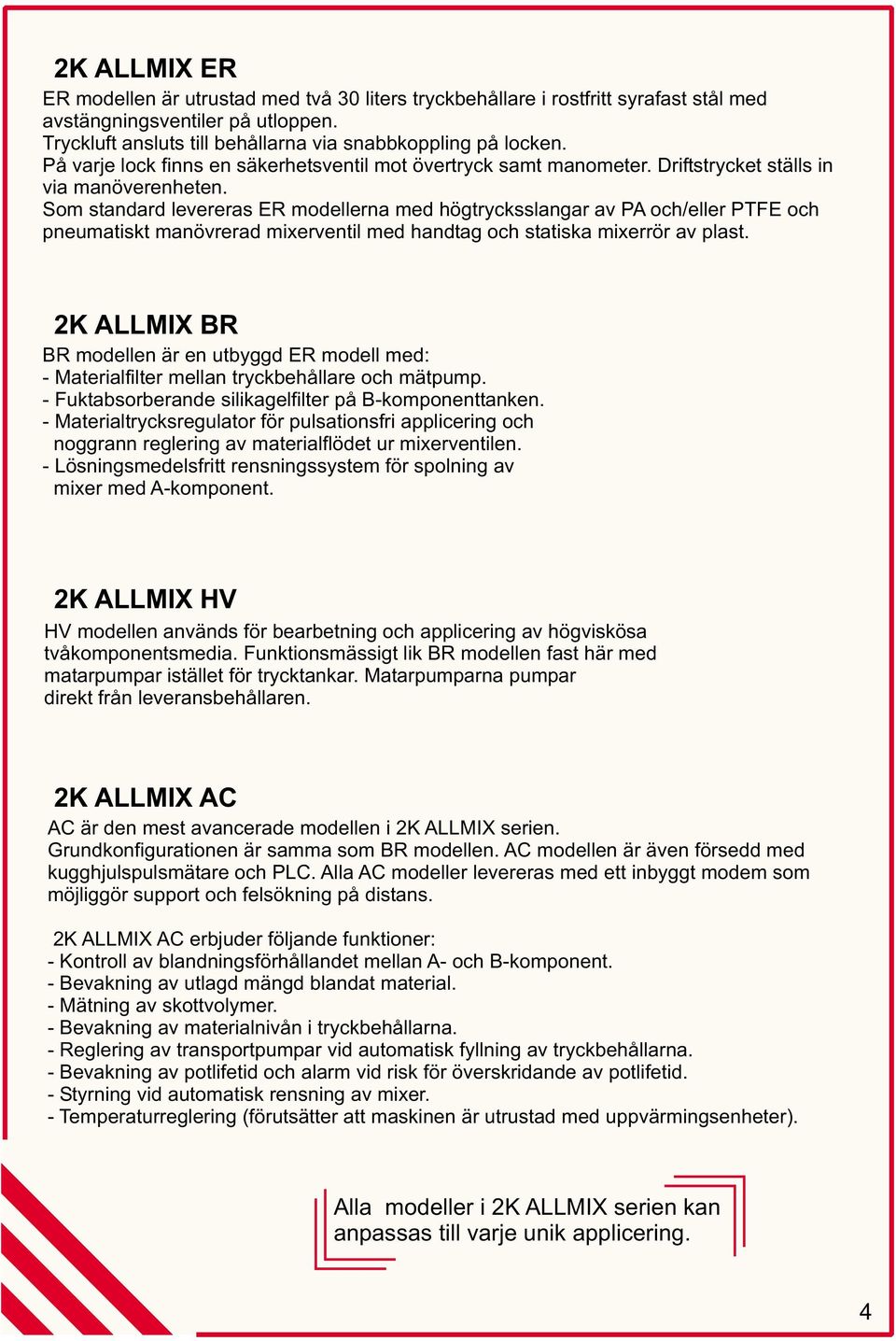 Som standard levereras ER modellerna med högtrycksslangar av PA och/eller PTFE och pneumatiskt manövrerad mixerventil med handtag och statiska mixerrör av plast.