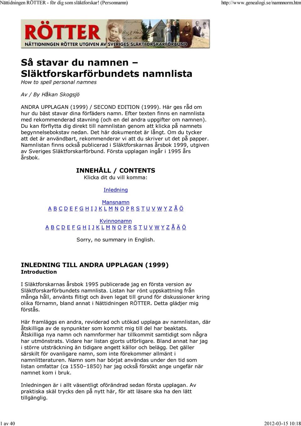 Sa Stavar Du Namnen Slaktforskarforbundets Namnlista Pdf Free