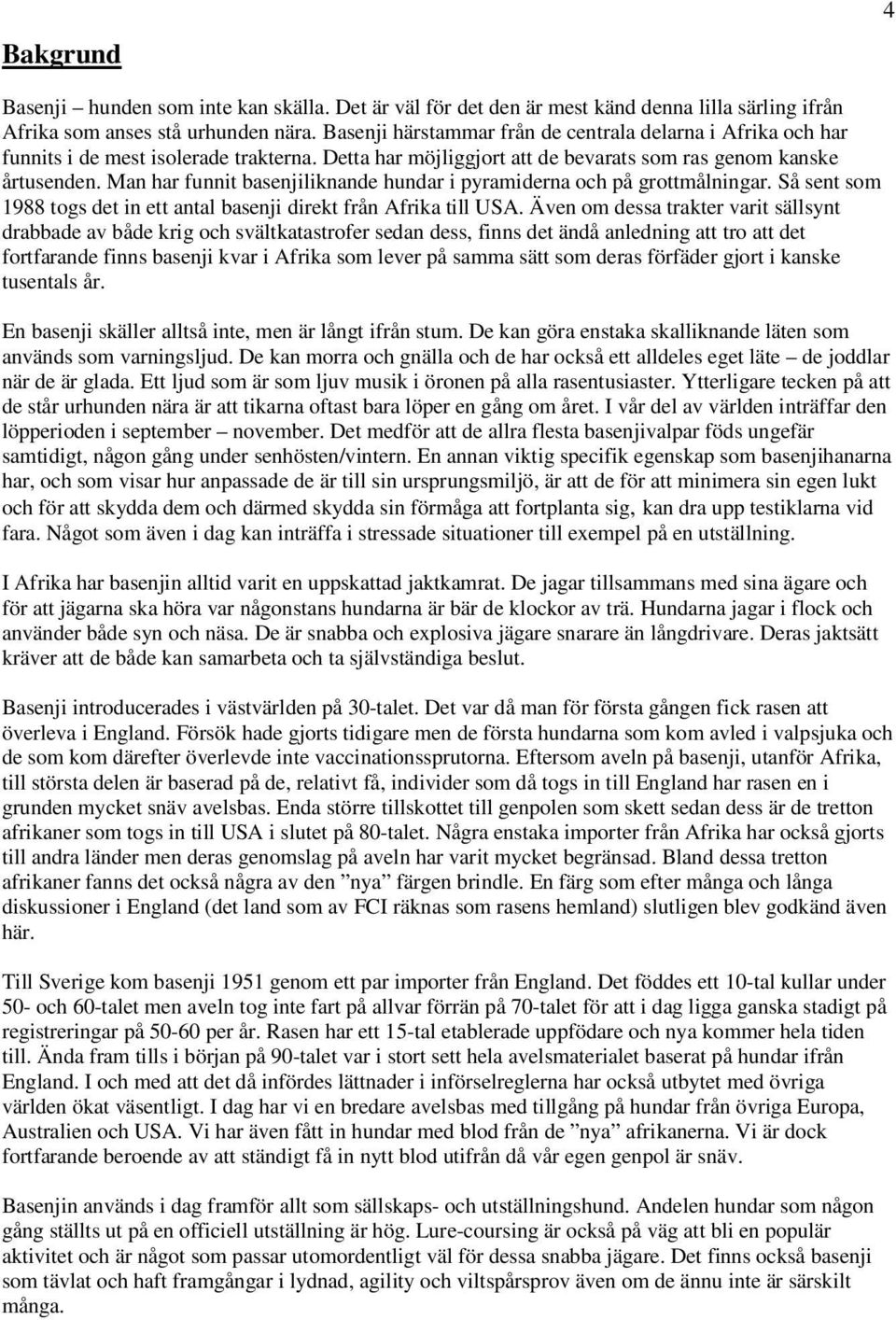 Man har funnit basenjiliknande hundar i pyramiderna och på grottmålningar. Så sent som 1988 togs det in ett antal basenji direkt från Afrika till USA.