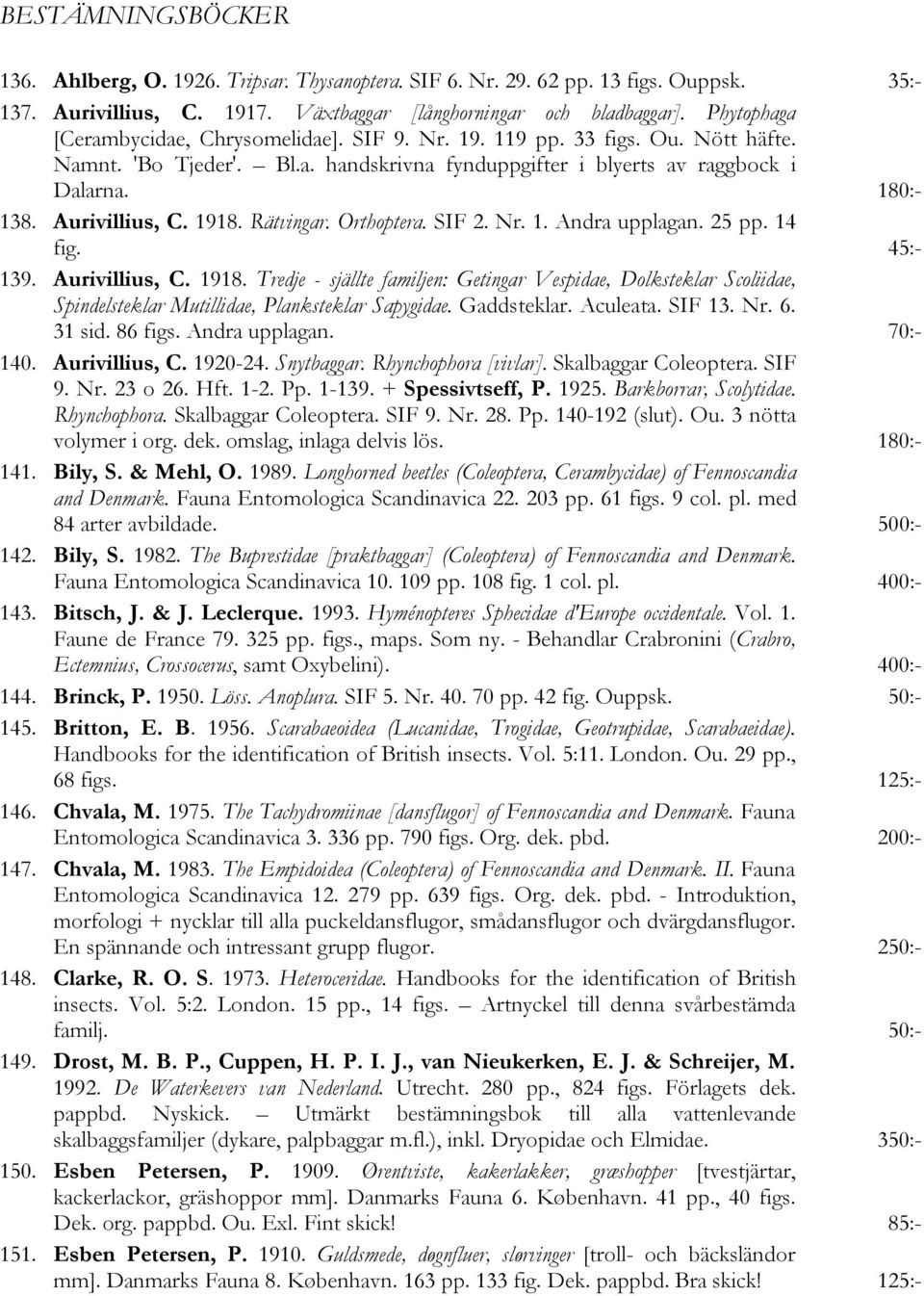 Aurivillius, C. 1918. Rätvingar. Orthoptera. SIF 2. Nr. 1. Andra upplagan. 25 pp. 14 fig. 45:- 139. Aurivillius, C. 1918. Tredje - själlte familjen: Getingar Vespidae, Dolksteklar Scoliidae, Spindelsteklar Mutillidae, Planksteklar Sapygidae.