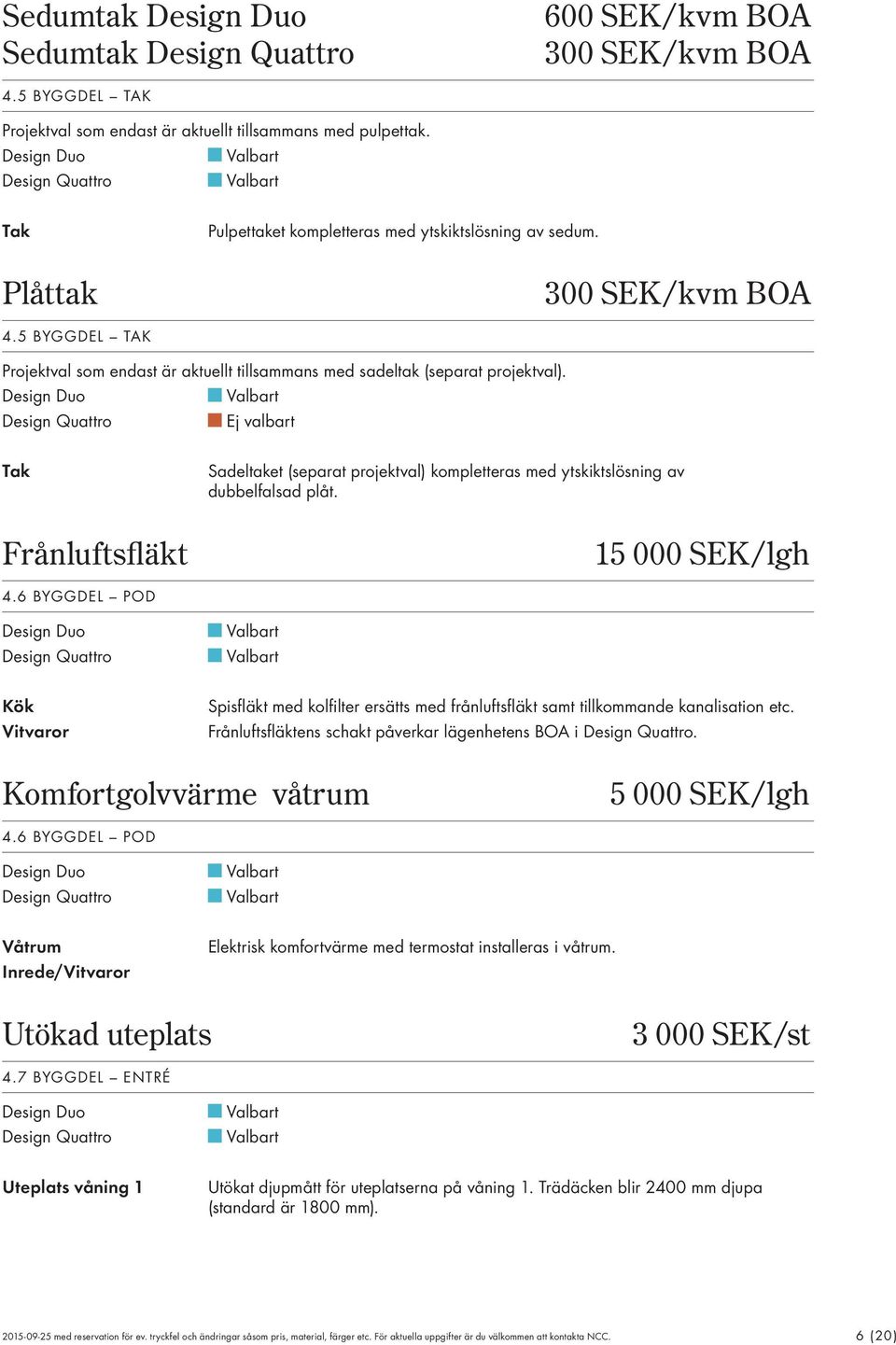 Ej valbart Tak Frånluftsfläkt Sadeltaket (separat projektval) kompletteras med ytskiktslösning av dubbelfalsad plåt. 15 000 SEK/lgh 4.