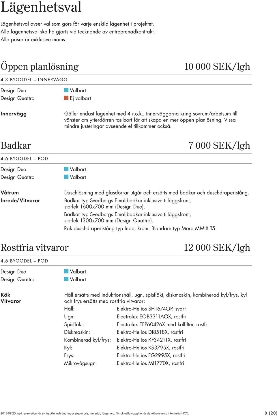 Vissa mindre justeringar avseende el tillkommer också. 7 000 SEK/lgh 4.6 BYDEL POD Våtrum Inrede/Vitvaror Duschlösning med glasdörrar utgår och ersätts med badkar och duschdraperistång.