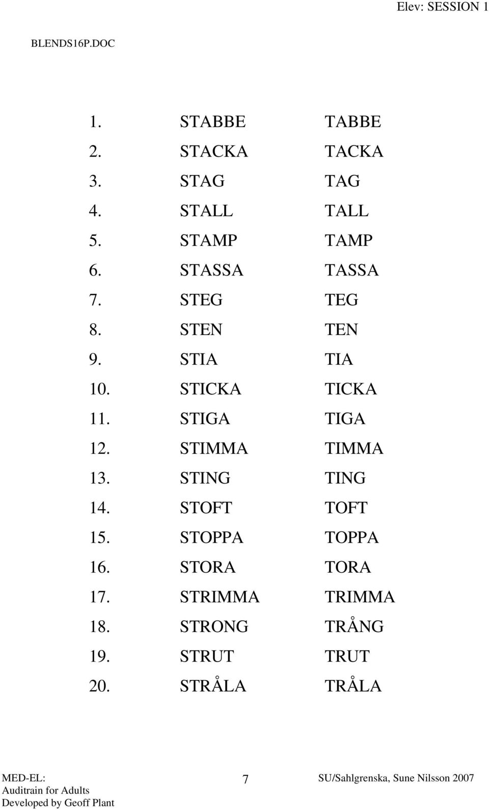 STICKA TICKA 11. STIGA TIGA 12. STIMMA TIMMA 13. STING TING 14. STOFT TOFT 15.