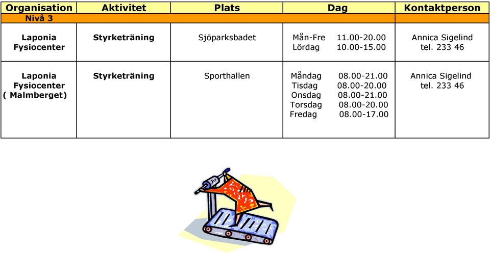 233 46 Laponia Styrketräning Sporthallen Måndag 08.00-21.