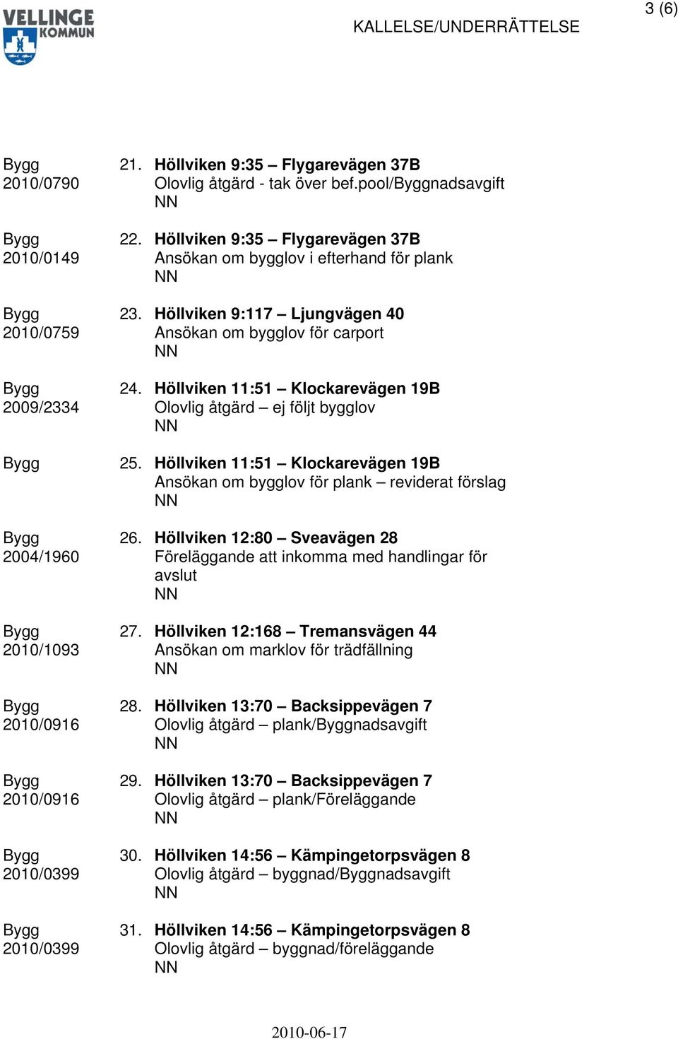 Höllviken 11:51 Klockarevägen 19B Olovlig åtgärd ej följt bygglov 25. Höllviken 11:51 Klockarevägen 19B Ansökan om bygglov för plank reviderat förslag 26.