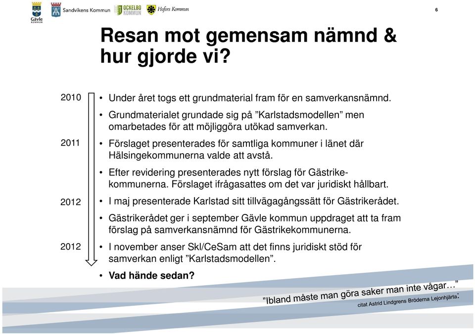 Förslaget presenterades för samtliga kommuner i länet där Hälsingekommunerna valde att avstå. Efter revidering presenterades nytt förslag för Gästrikekommunerna.