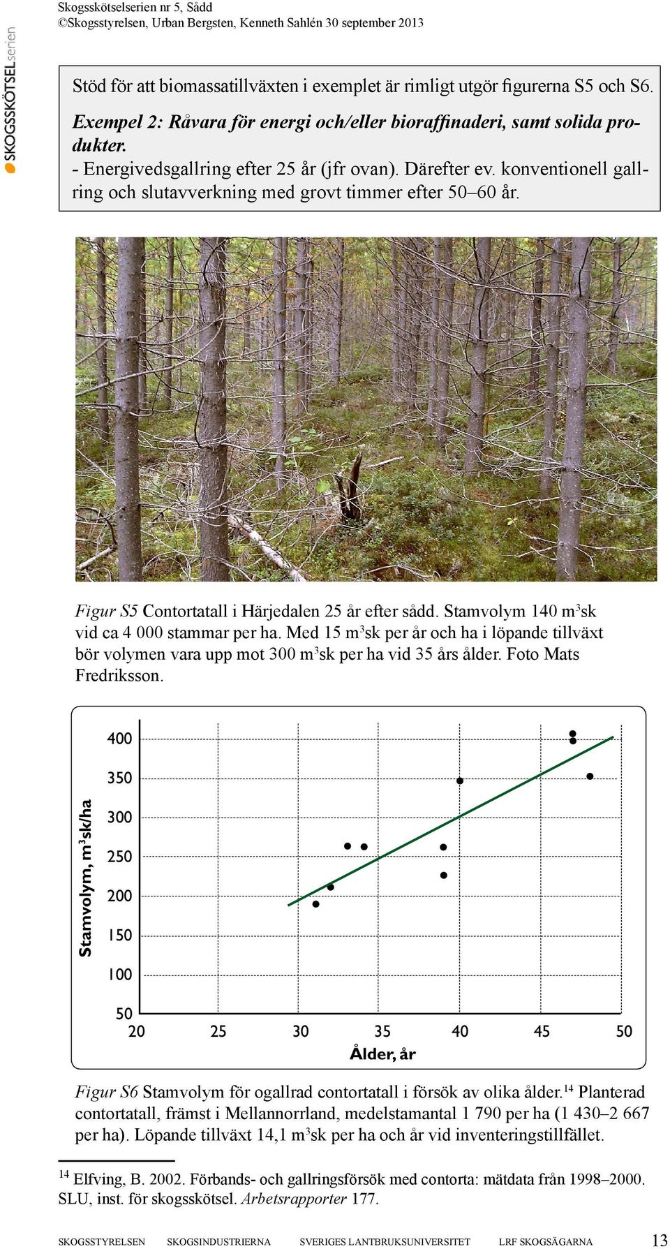 Stamvolym 140 m 3 sk vid ca 4 000 stammar per ha. Med 15 m 3 sk per år och ha i löpande tillväxt bör volymen vara upp mot 300 m 3 sk per ha vid 35 års ålder. Foto Mats Fredriksson.