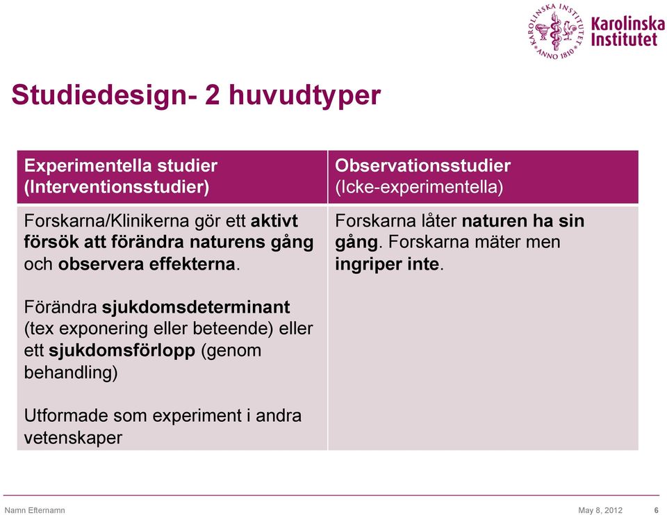 Observationsstudier (Icke-experimentella) Forskarna låter naturen ha sin gång. Forskarna mäter men ingriper inte.